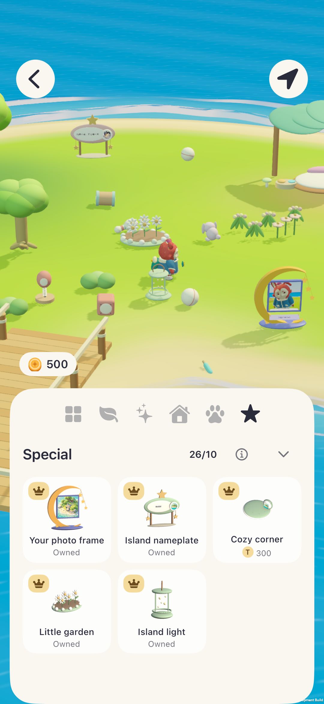 The island decoration interface with gardens, lights and a personal photo frame