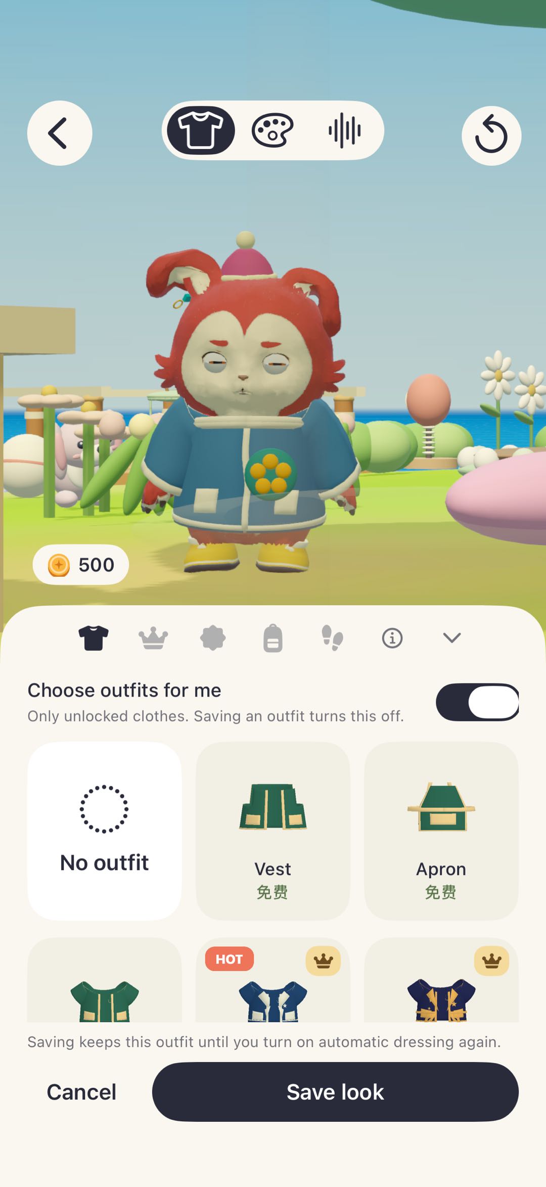 Wobbi’s wardrobe with outfit categories and the Save look button